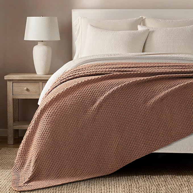 EVERGRACEHOME Chunky Chenille Knit Throw Blanket, 90 x 90, Terracotta Clay | Sculpted Moss Stitch, Chic Modern Farmhouse, All-Season Warmth, OEKO-TEX® Certified, Oversized Queen for Couch, Bed, Sofa
