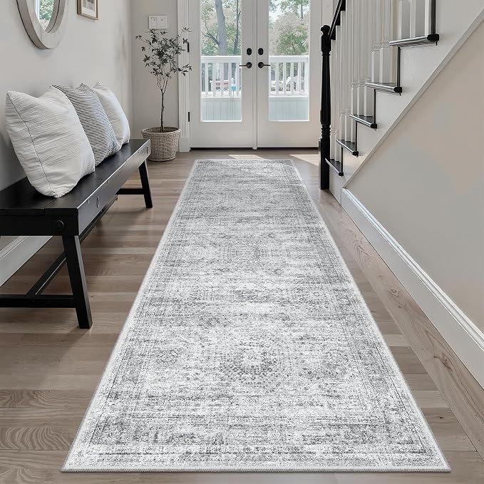 Soalmost Washable Runner Rug 2'6"x8' Kitchen Hallway Runners Grey | Soft Non-Slip 2.5x8ft Carpet for Entryway Bathroom, Low Pile Vintage Foldable Floor Mat for Corridor Laundry Room Bedroom