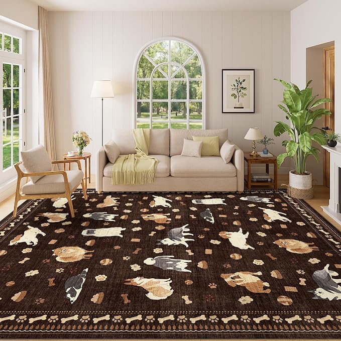 DUKINO 8x10 Area Rug, Washable Dog Rugs for Living Room Soft, Brown | Non Slip, Low Pile, Non-Shedding, Stain Resistant Animal Carpet for Bedroom Dining Room Nursery Farmhouse, Pet & Kid Friendly