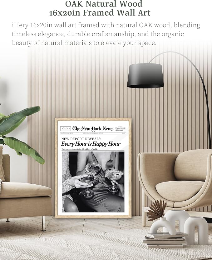iHery 16x20in Every Hour Is Happy Hour Framed Newspaper Wall Art | Natural OAK Wood Frame with Canvas Print, Retro Editorial Decor for Bedroom, Girl Dorm, Living Room and Gallery Wall, 1Pack