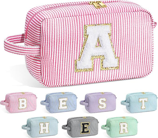 YOOLIFE Birthday Gifts for Women Teen Girls Daughter Sister Friend, Initial Makeup Bag Toiletry Bag Cosmetic Bag, Pink A