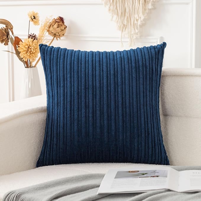 UGASA Striped Textured Velvet Corduroy Pillow Covers Decorative Europe Sham Throw Pillow Cushion Cover for Couch, 1 Pc, (61x61 cm, 24inch), Navy Blue