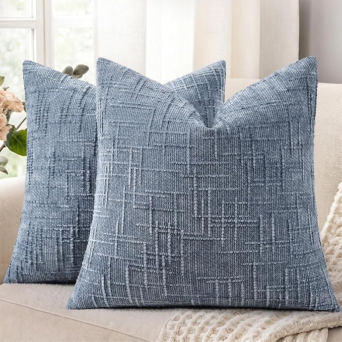 decorUhome Textured Chenille Throw Pillow Covers 24x24 Set of 2 Grey Blue | Fall Modern Farmhouse Soft Cozy Slubby Couch Pillow Cases Boho Decorative Pillow Cases for Bed Sofa Living Room Home Decor
