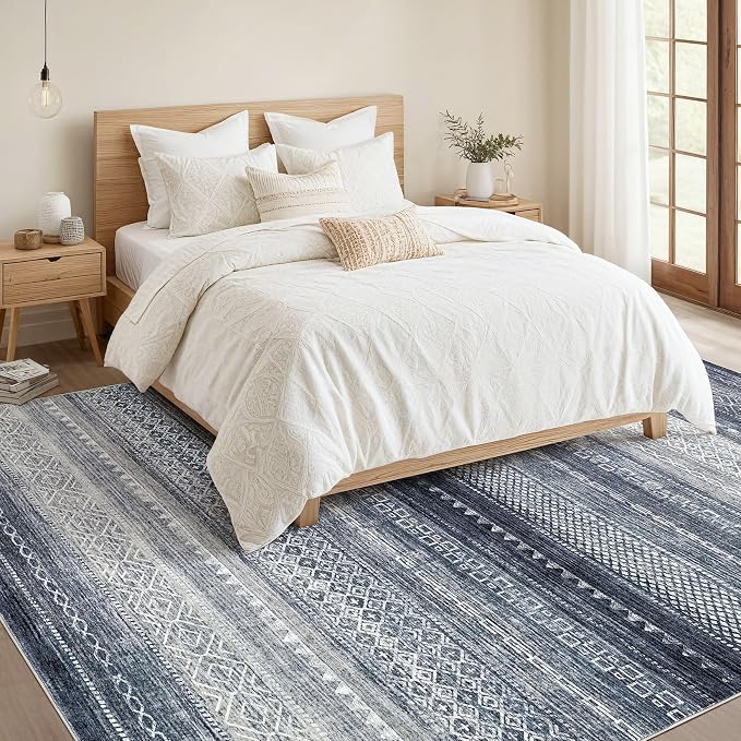 Nakagishi Boho 9x12 Area Rug Living Room Rugs Machine Washable Blue | Soft, Pet & Kid Friendly, Carpet for Living Room/Bedroom/Office/Kitchen/Nursery, Daily Home Decor Stain Resistant Moroccan