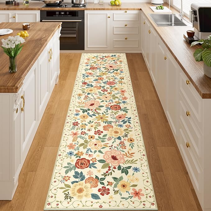 DUKINO 2x8 Kitchen Runner Rug, Washable Runner Rug Non Slip, Beige Yellow | Low Pile, Floral, Soft Indoor Rug for Hallway, Entryway, Bedroom, Bathroom, Pet Friendly, Stain Resistant, Modern Home Decor