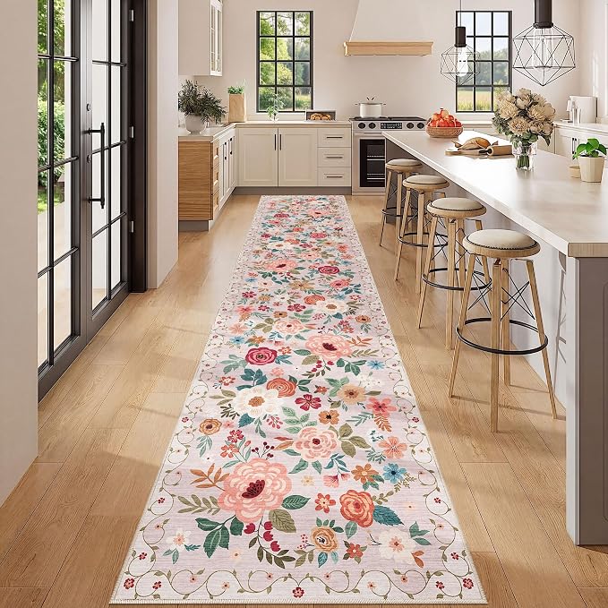 DUKINO 2.6x12 Kitchen Runner Rug, Floral Non Slip Long Washable Rug, Beige | Low Pile, Stain Resistant, Soft Indoor Rug Runner for Hallway, Entryway, Bedroom, Bathroom, Laundry, Pet Friendly, Home Decor