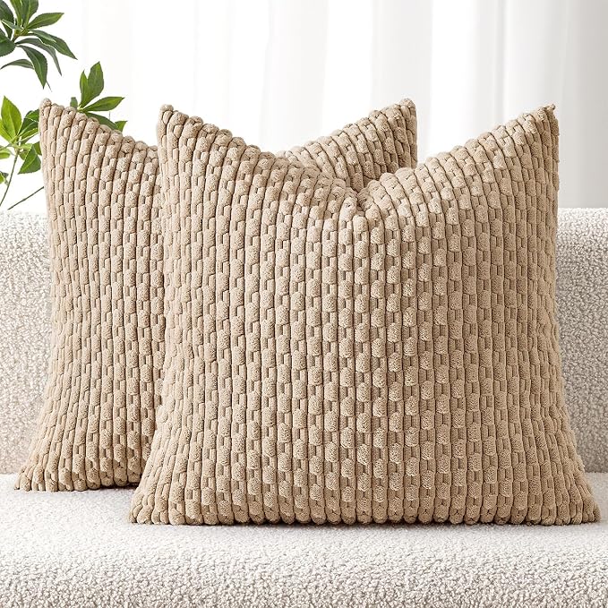 MIULEE Decorative Throw Pillow Covers 16x16 Neutral Tan Textured Corduroy | Pack of 2 Striped Pillow Covers Modern Farmhouse Fall Home Decor for Couch Bed Sofa Living Room