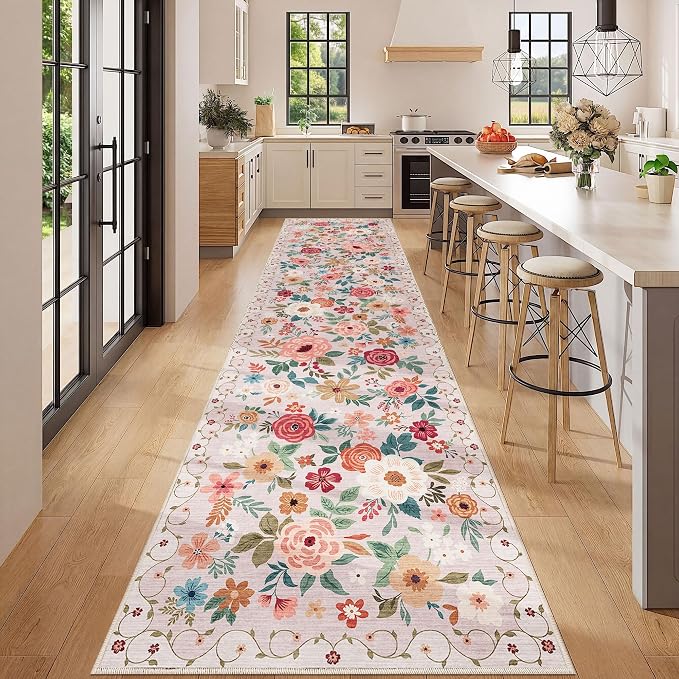 DUKINO 3x12 Washable Runner Rug, Long Hallway Runner Rug Non Slip, Beige | Soft, Low Pile, Floral Indoor Runner Rug for Kitchen, Entryway, Bedroom, Bathroom, Laundry, Modern Home Decor, Non-Shedding