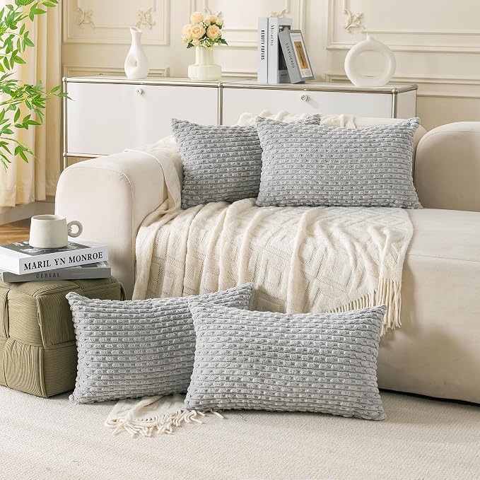 Set of 4 Grey Decorative Throw Pillow Covers 12x20 Inch Corduroy Pillow Covers for Bed Couch Sofa Living Room Soft Cushion Cases