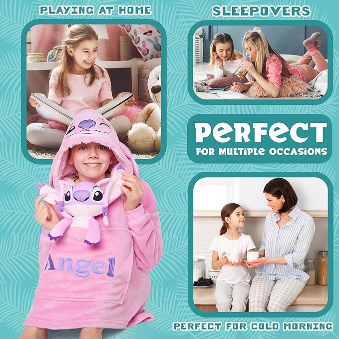 Disney Blanket Hoodie with Plushie and 3D Ears Wearable Comfy Oversized Sweatshirt Sherpa Fleece Blanket Gifts for Kids