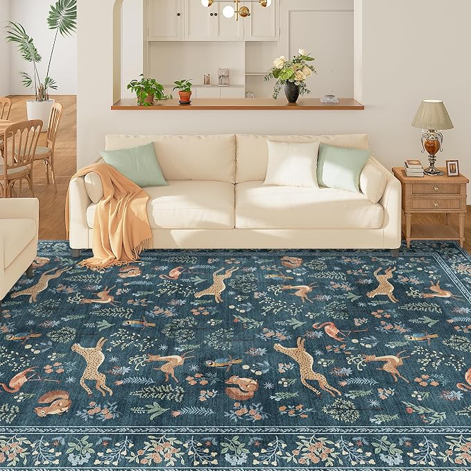DUKINO 8x10 Area Rugs, Washable Soft Animal Bedroom Rug Non Slip, Blue | Non Slip, Low Pile, Stain Resistant Indoor Large Carpet for Living Room, Dining Room, Kids PlayRoom, Farmhouse, Pet Friendly