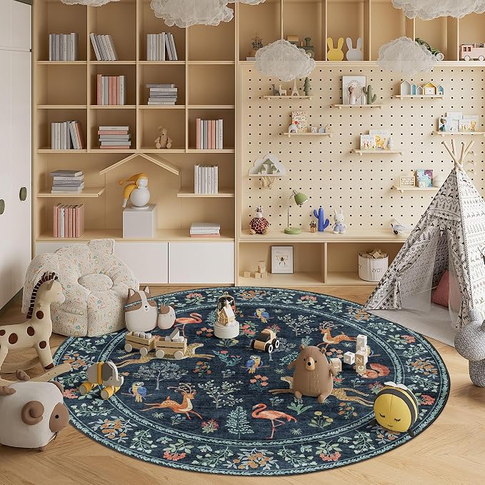 DUKINO 6ft Round Rug for Bedroom, WashableNon Slip Circle Rug, Navy Blue | Soft, Low Pile, Non-Shedding Indoor Carpet Runner for Entryway, Kitchen, Bedroom, Bathroom, Pet Friendly, Stain Resistant