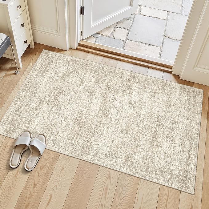 Soalmost 3x4 Rugs Non-Slip, Small Washable Kitchen Entryway Area Rug Beige | Vintage Low Pile Carpet for Nursery Coffee Table Bathroom, Foldable Stain Resistant Indoor Door Mat Entrance Powder Room