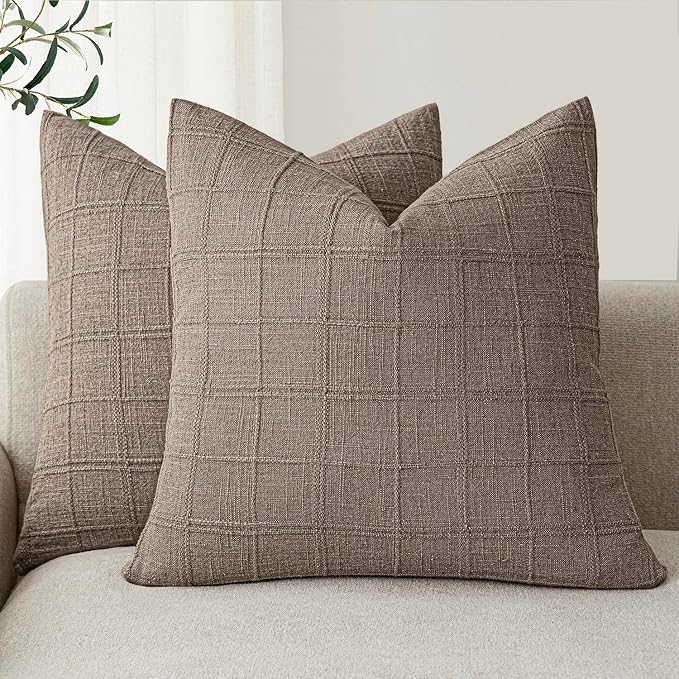 Foindtower Set of 2 Decorative Linen Check Throw Pillow Covers Neutral Farmhouse Vintage Cushion Covers Modern Boho Home Decor for Sofa Chair Couch Bedroom Living Room,22×22 Inch,Tan Taupe