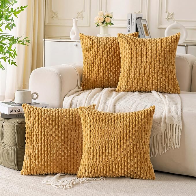Set of 4 Mustard Yellow Decorative Throw Pillow Covers 16x16 Inch Corduroy Pillow Covers for Bed Couch Sofa Living Room Soft Square Cushion Cases