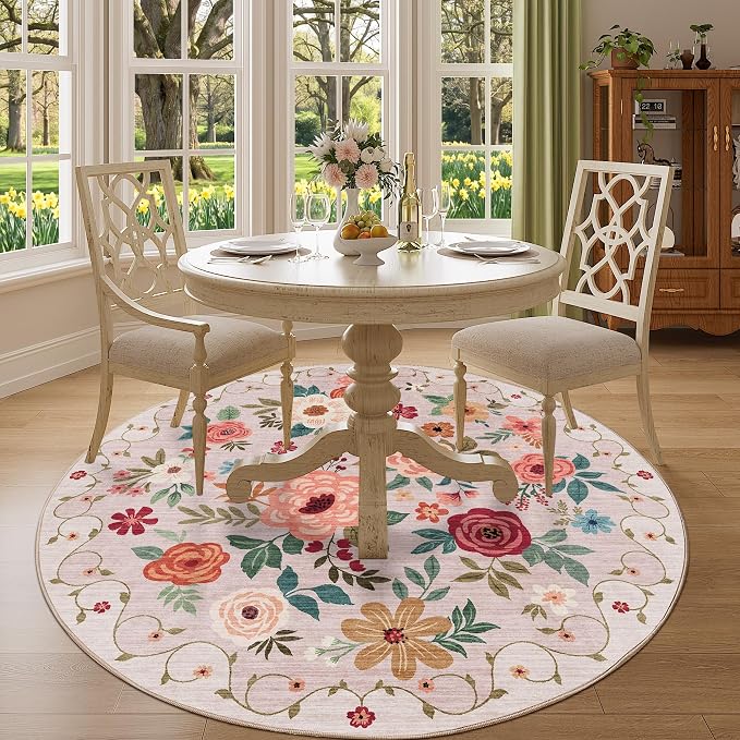 DUKINO 5ft Round Rug, Non Slip Floral Washable Small Circle Rug, Beige | Soft, Low Pile, Floral Indoor Area Rug for Bedroom, Living Room, Kids Room, Office, Pet Friendly, Stain Resistant, Home Decor
