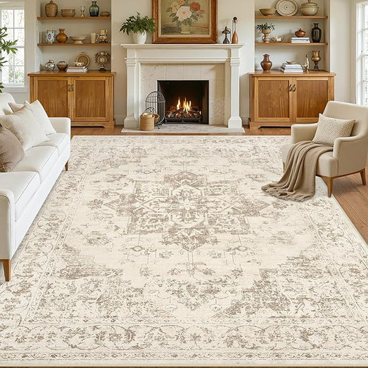 8x10 Area Rugs for Living Room: Vintage Boho Neutral Washable Rug Indoor Soft Large Area Rug Carpet for Bedroom Nursery Farmhouse Dining Room Office Floor Non-Slip Low Pile Under Table Rug Beige/Ivory