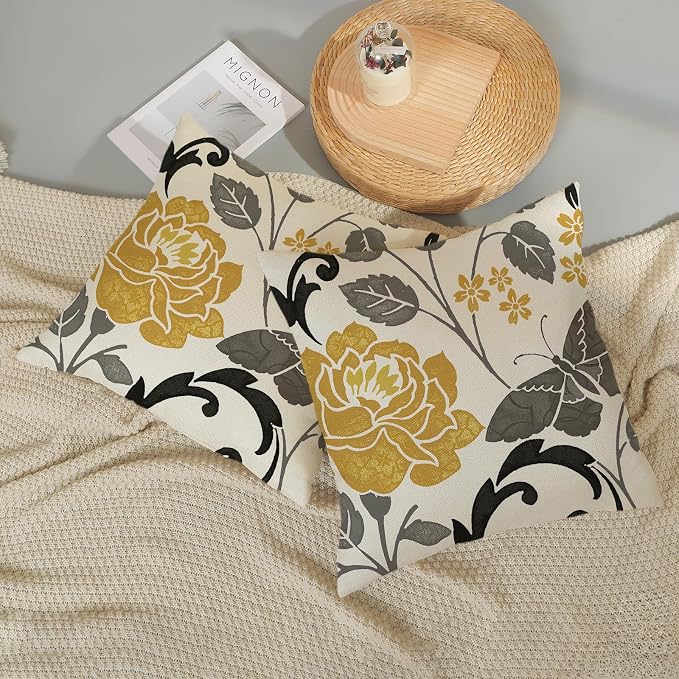 Mustard Yellow Pillow Covers 18x18 Inch Set of 2 Vintage Floral Decor Throw Pillows Grey Butterfly Flower Leaves Seasonal Outdoor Decorative Pillow Cases Linen Cushion Covers for Couch Sofa