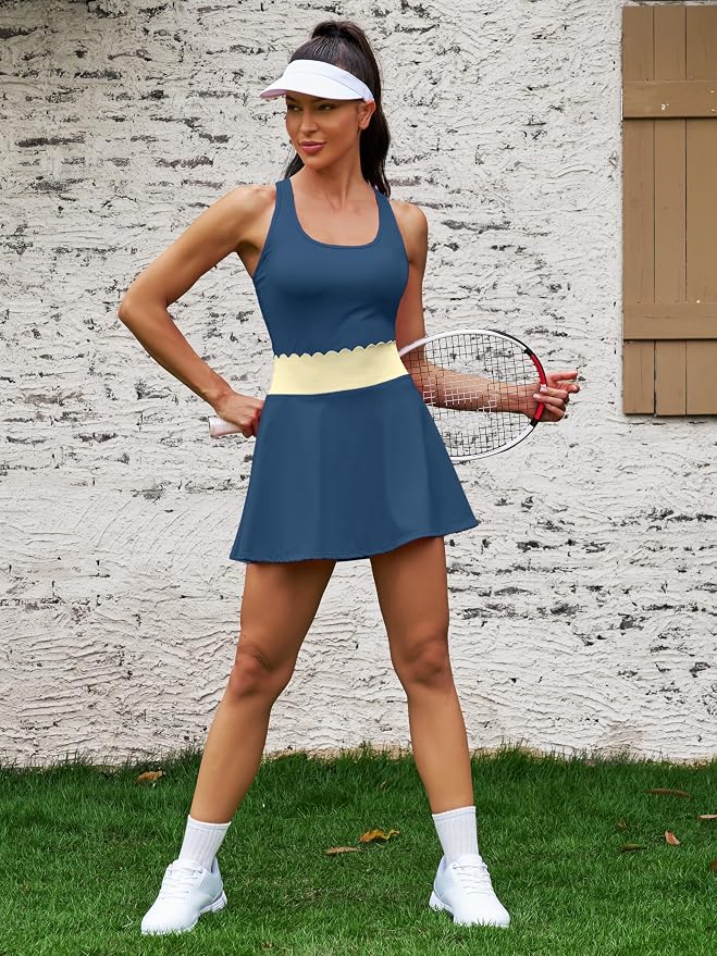 ATTRACO Tennis Outfits for Women Racerback Golf Dress Workout Dress | Athletic Skirt Set, Built-in Shorts, 2 Pockets, Scalloped, Racerback, High Waisted, Pickleball, Workout Set