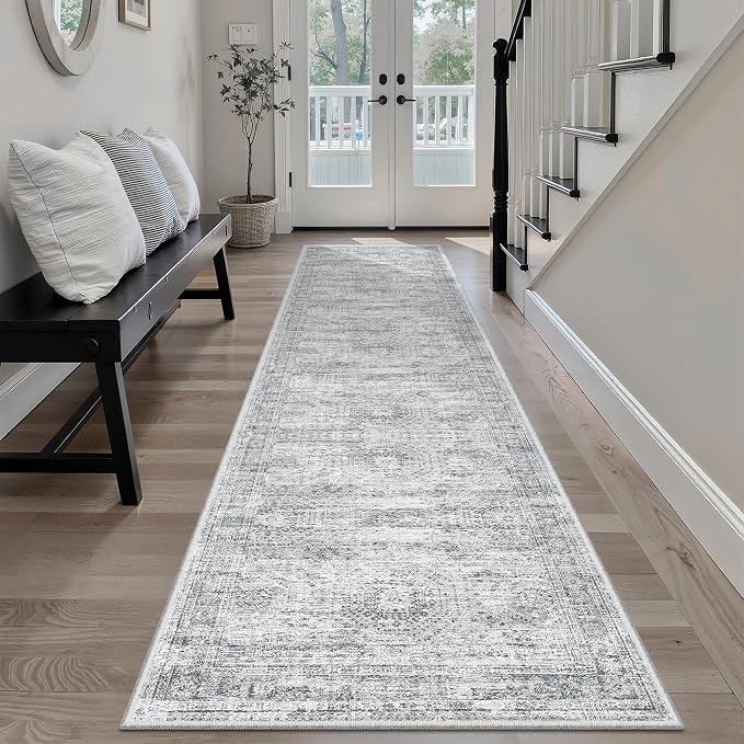 Soalmost Runner Rug 2x8 Washable Non-Slip Hallway Kitchen Runners Grey | Stain Resistant Vintage Rugs for Bathroom Laundry Room, Low Pile Foldable Floor Carpet Mat for Entryway Corridor Bedroom
