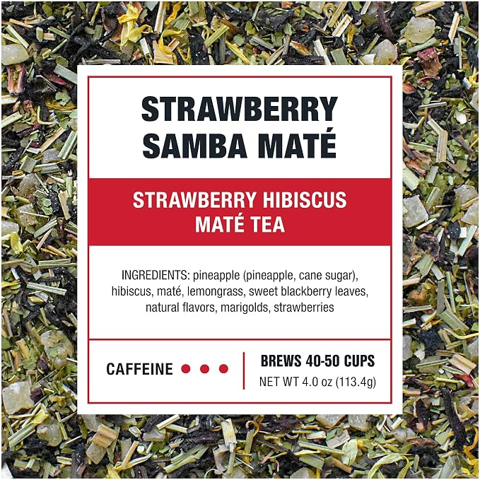 Tiesta Tea - Strawberry Samba Mate, Loose Leaf, Strawberry Hibiscus Mate Tea, High Caffeinated Fruit Blend, Make Hot or Iced Up to 50 Cups, 4 oz Refillable Tin