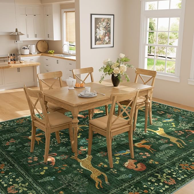DUKINO 8x10 Area Rugs, Washable Soft Animal Bedroom Rug Non Slip, Green | Non Slip, Low Pile, Stain Resistant Indoor Large Carpet for Living Room, Dining Room, Kids PlayRoom, Farmhouse, Pet Friendly