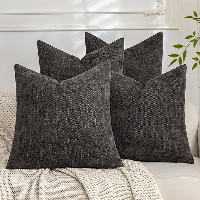 Set of 4 Soft Textured Decorative Throw Pillow Covers 16x16 Inch Cozy Farmhouse Cushion Cover Square Accent Pillow Cases for Bed Couch Sofa Living Room, Dark Grey