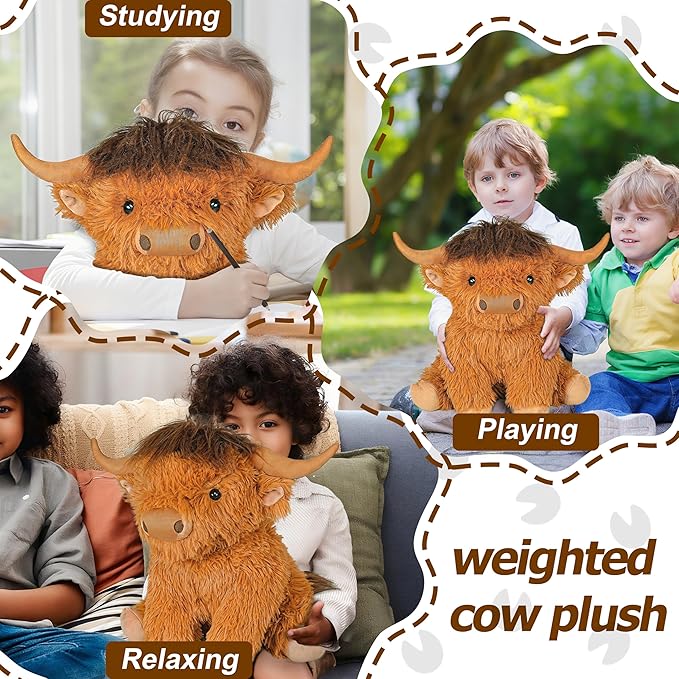 Highland Cow Weighted Stuffed Animals, 4 Lbs Brown Highland Cow Plush 13.7 Inches, Surprise Weighted Stuffed Animals Gift for Kids Birthdays, Halloween, Christmas (Brown)
