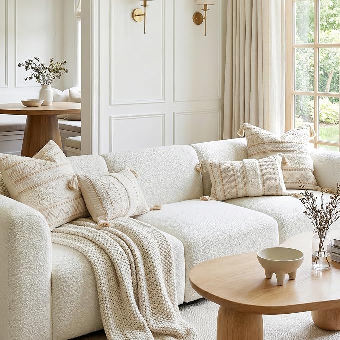 20X20 Throw Pillow Cover, Cream Neutral Beige Square Decorative Cushion Cover, Boho Accent Pillowcase with Tufted Details and Tassels for Couch Sofa Living Room (Cover Only)