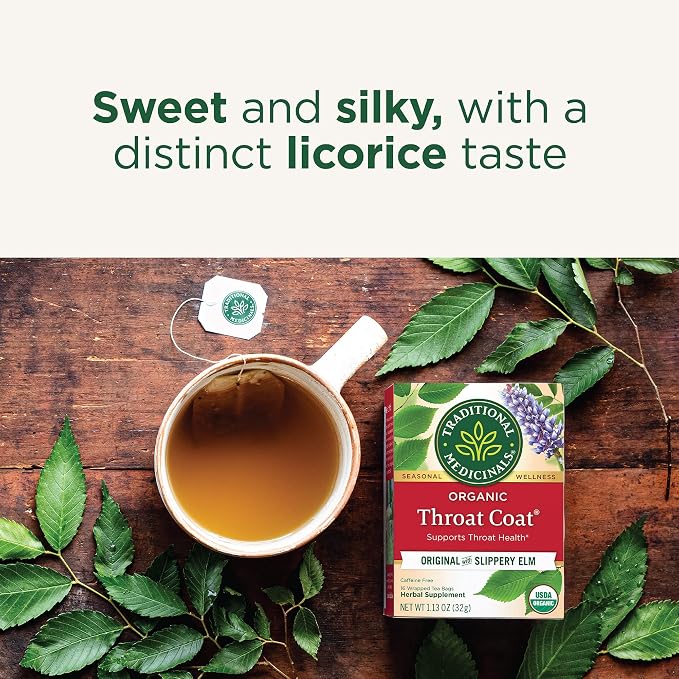 Traditional Medicinals Organic, Throat Coat Tea, Original with Slippery Elm - Supports Throat Health - Kosher, Non-GMO, Caffeine-Free, Compostable - 16 Tea Bags (Pack of 2)