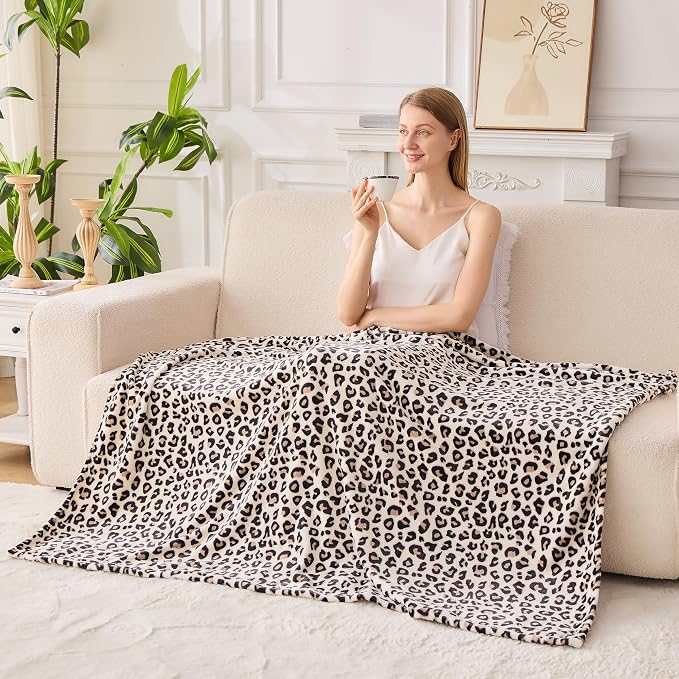 Edenleaf Leopard Print Blanket Fleece Throw for Bed Sofa Travel and Camping, Super Soft Cozy Fluffy Plush Cheetah Print Blanket for All Seasons 50"x60" (Cream)