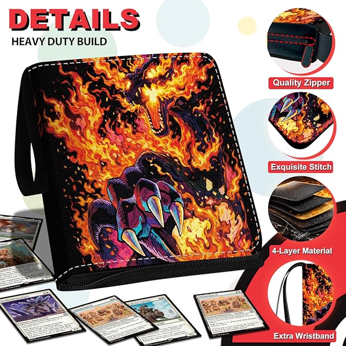 440 Card Binder 4 Pocke 3-Ring Trading Card Binder with 55 Page Removable Sleeves, High Storage Trading Card Holder Collection Card Album Carrying Organizer Case for TCG Cards-Fire Dragon