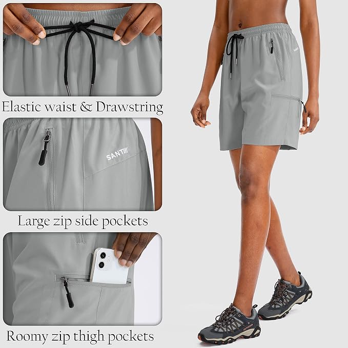 SANTINY Women's 5''/ 7''/9'' Hiking Cargo Shorts Quick Dry Lightweight Summer Shorts for Women Athletic Golf Zipper Pockets