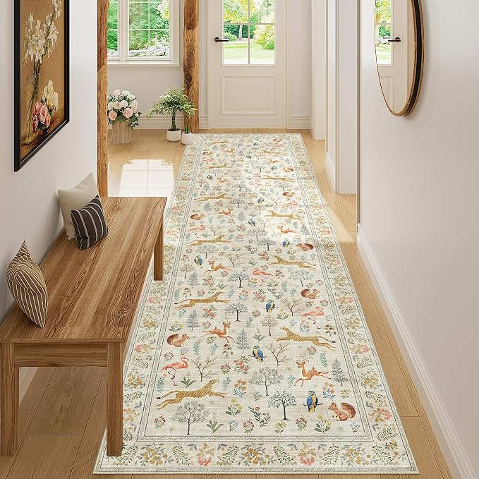 DUKINO 3x10 Washable Runner Rug, Non Slip Animal Rug for Hallway, Beige | Low Pile, Stain Resistant, Soft Thin Indoor Rug Runner for Kitchen, Entryway, Bedroom, Bathroom, Pet Friendly, Non-Shedding