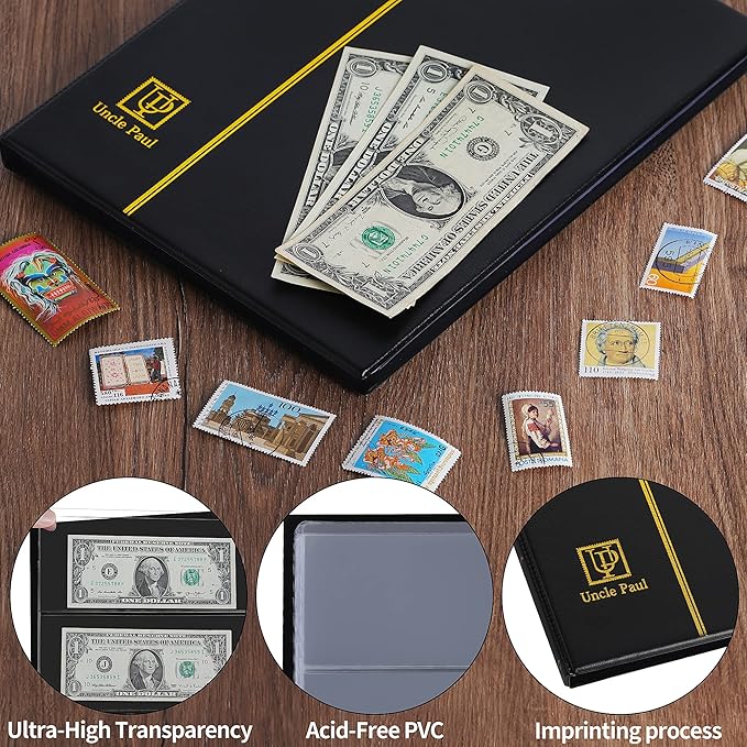 60 Pockets Currency Album - Banknotes Collecting Holder Leatherette Hard Cover Storage Book with Protective Case for Paper Folding Money Dollars Bills Trading Cards Stamps Collection AN01BK