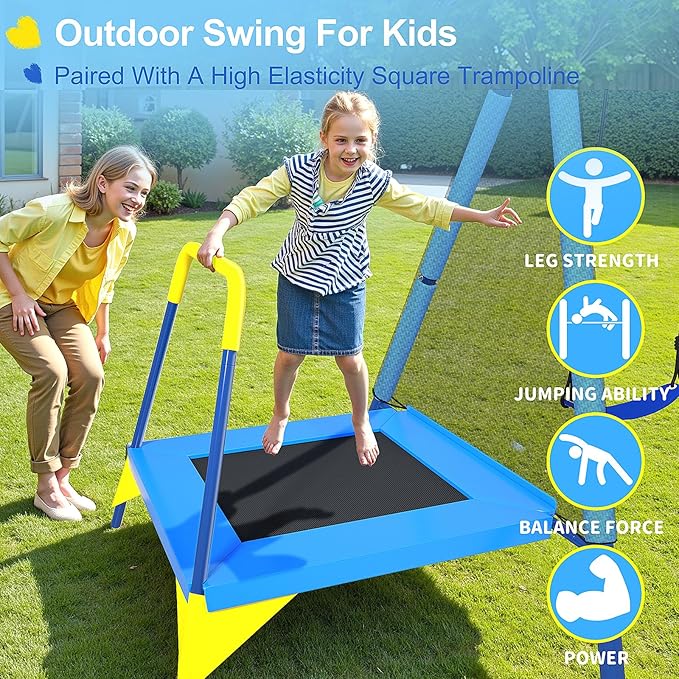 JYGOPLA 440lbs Kids Swing Set, 3-in-1 Outdoor Playground with Saucer Swing, Belt Seat & 4ft Trampoline, Heavy Duty A-Frame Metal Stand & Safety Stakes, Backyard Playset for Toddlers 3-8 Years Old