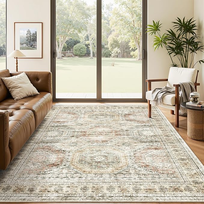 Soalmost 5x7 Area Rugs Brown/Pink Low Pile Washable Trendy Faded Style Rug | Vintage Non-Slip Indoor Accent for Bedroom Dining, Foldable Stain Resistant Floor Carpet Mat Under Table Home Office Decor