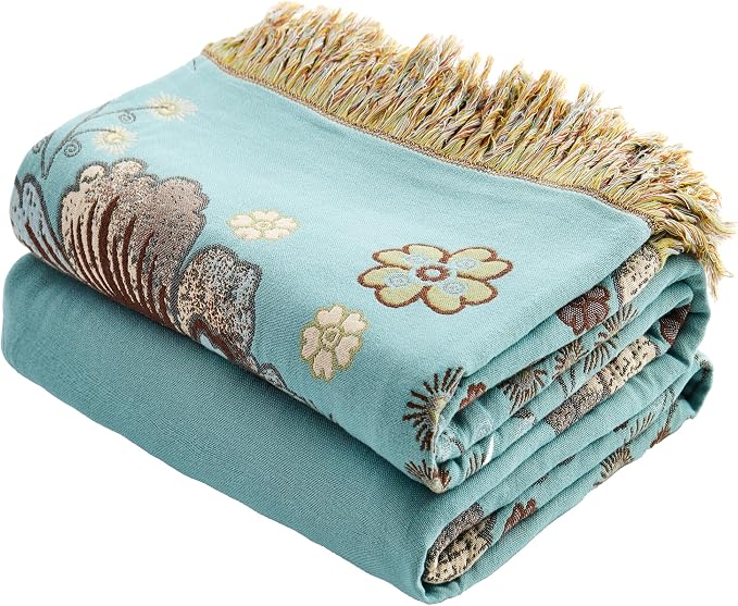 VANJOROY Boho Throw Blanket 60" x 80", 100% Organic Cotton Breathable Skin-Friendly Ultra Soft Bed Quilt Blue Throw - Floral Rustic Decor Luxury Reversible Blanket for Sofa Couch Chair and Gift,