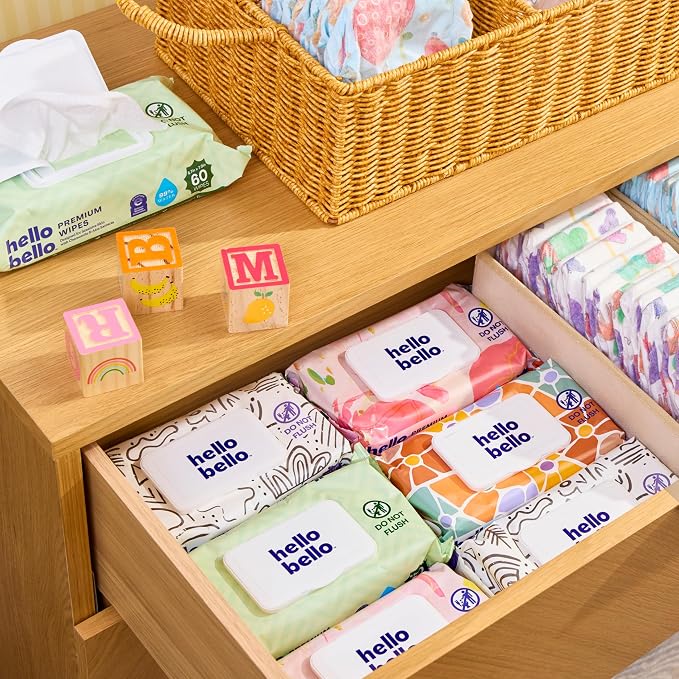 Hello Bello Premium Wipes, Designed for Sensitive Skin with Chamomile & Aloe Extracts, Simply Sage (18 Resealable Packets = 1080 Total Wipes)