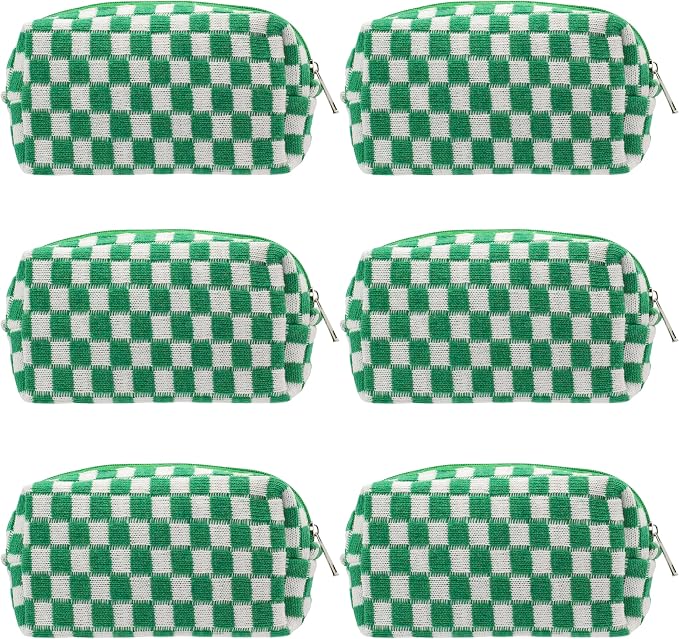 PAZIMIIK Checkered Makeup Bag for Purse Portable Zipper Make Up Pouch Small Cosmetic Case for Travel Accessories (6PCS Green)