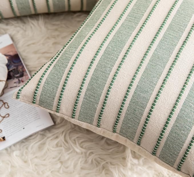 Cethom Decorative Boho Throw Pillow Covers, Farmhouse Textured Pillow Case, 22 x 22 Inch Set of 2, Chair Sofa Bedroom Living Room Home Decor Couch Cushion Case, Green and Beige Striped