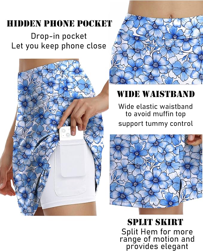 COOrun Women's 20" Knee Length Skirts High Waisted Golf Skorts with Pockets | Soft, Quick Dry, Split Hem, Built-in Shorts, A-line, Modest Skirts, for Golf Athletic Tennis Work Casual