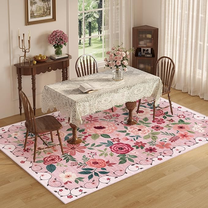 DUKINO 5x7 Area Rugs, Floral Washable Rug for Living Room Non Slip, Pink | Soft, Low Pile, Stain Resistant Indoor Rug for Bedroom, Dining Room, Office, Pet Friendly, Lightweight, Modern Home Decor