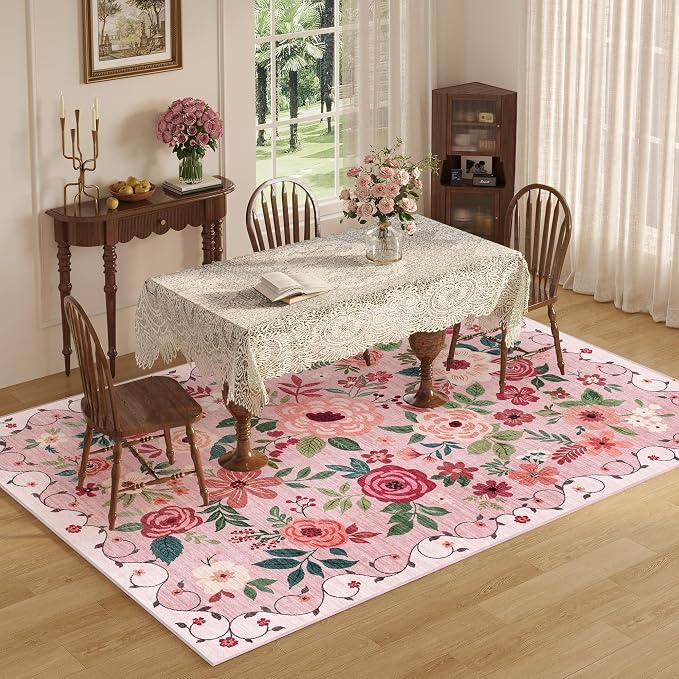 DUKINO 9x12 Area Rug for Living Room, Floral Washable Rug Non Slip, Pink | Soft, Low Pile Indoor Large Rug for Bedroom, Dining Rom, Kids Playroom, Office, Pet Friendly, Modern Home Decor, Non-Shedding
