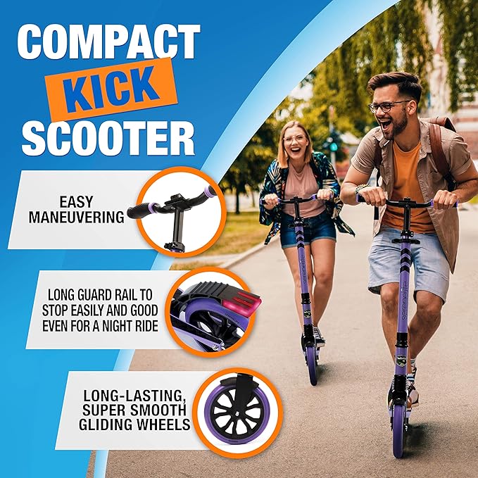 SereneLife Two Wheel Scooter for Teens, Smooth Gliding Kick Scooter for Adults w/Adjustable Height for Ages 8+, Portable All Terrain Scooter w/Carry Straps, Easy to Fold