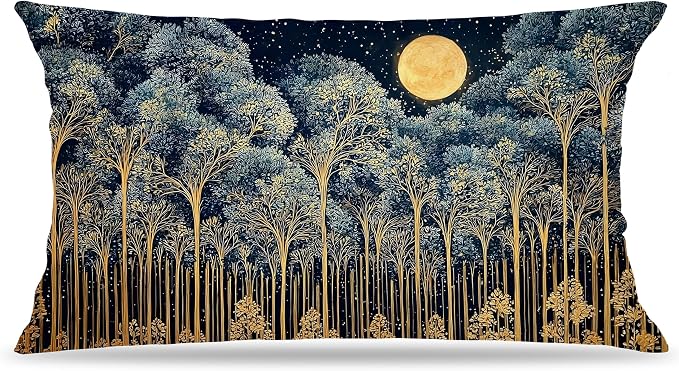 Rustic William Morris Night Forest Moon Decor Pillow Covers 20x12,Vintage Dark Gold Botanical Nature Landscape Decorative Throw Pillow Covers for Home Bedroom Living Room