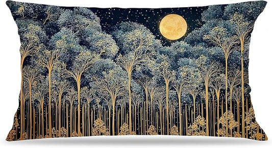 Rustic William Morris Night Forest Moon Decor Pillow Covers 20x12,Vintage Dark Gold Botanical Nature Landscape Decorative Throw Pillow Covers for Home Bedroom Living Room