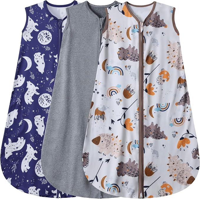BSTOPPT 3 Pack Baby Sleep Sack 100% Rayon Cotton Baby Sleeping Bag 2-Way Zipper Toddler Wearable Blankets TOG 0.3. (Fox&Dinosaurs&Dark gray, 12-18 Months)