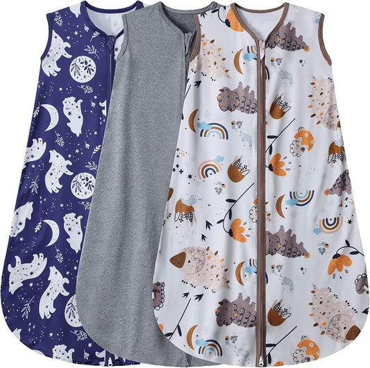 BSTOPPT 3 Pack Baby Sleep Sack 100% Rayon Cotton Baby Sleeping Bag 2-Way Zipper Toddler Wearable Blankets TOG 0.3. (Fox&Dinosaurs&Dark gray, 12-18 Months)