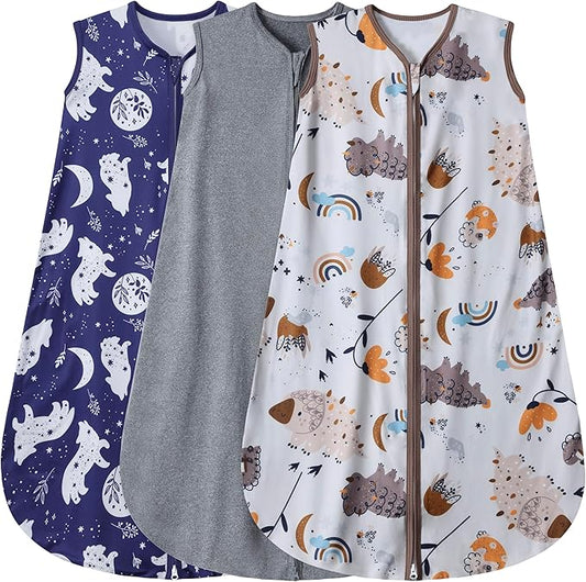 BSTOPPT 3 Pack Baby Sleep Sack 100% Rayon Cotton Baby Sleeping Bag 2-Way Zipper Toddler Wearable Blankets TOG 0.3. (Fox&Dinosaurs&Dark gray, 6-12 Months)